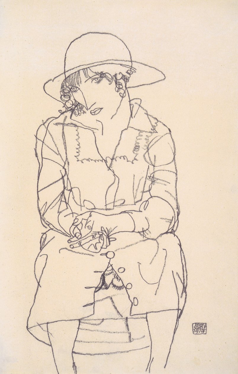 Zittend meisje met hoed door Egon Schiele
