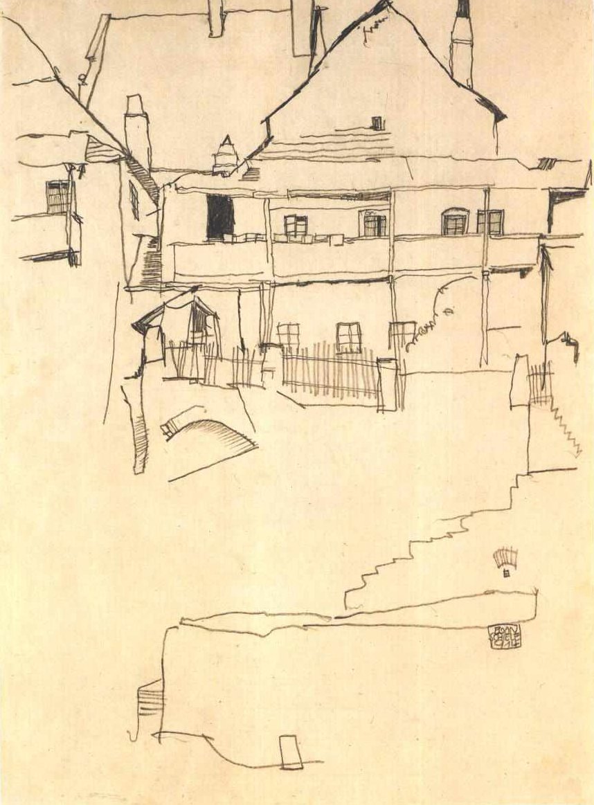 Studie voor het schilderij Huis met dak van houten schindels door Egon Schiele