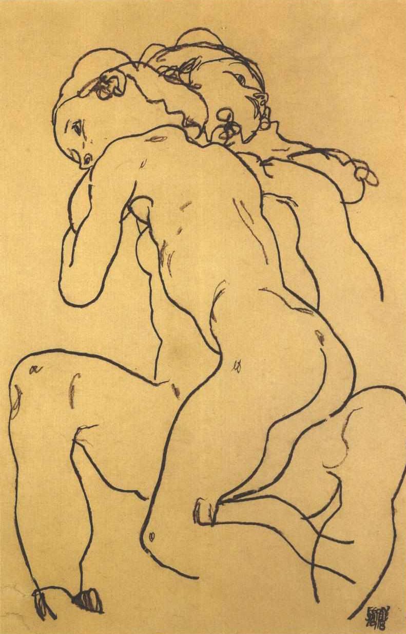 Twee elkaar omarmende meisjesnaakten door Egon Schiele