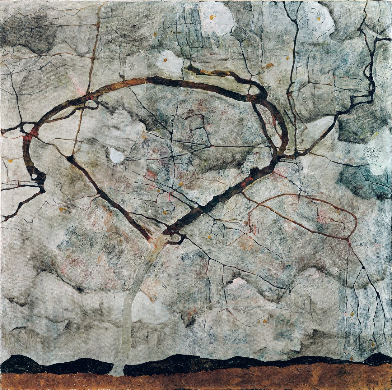 Herfstboom in een turbulente lucht. Schilderij van Egon Schiele, olie op doek door Egon Schiele