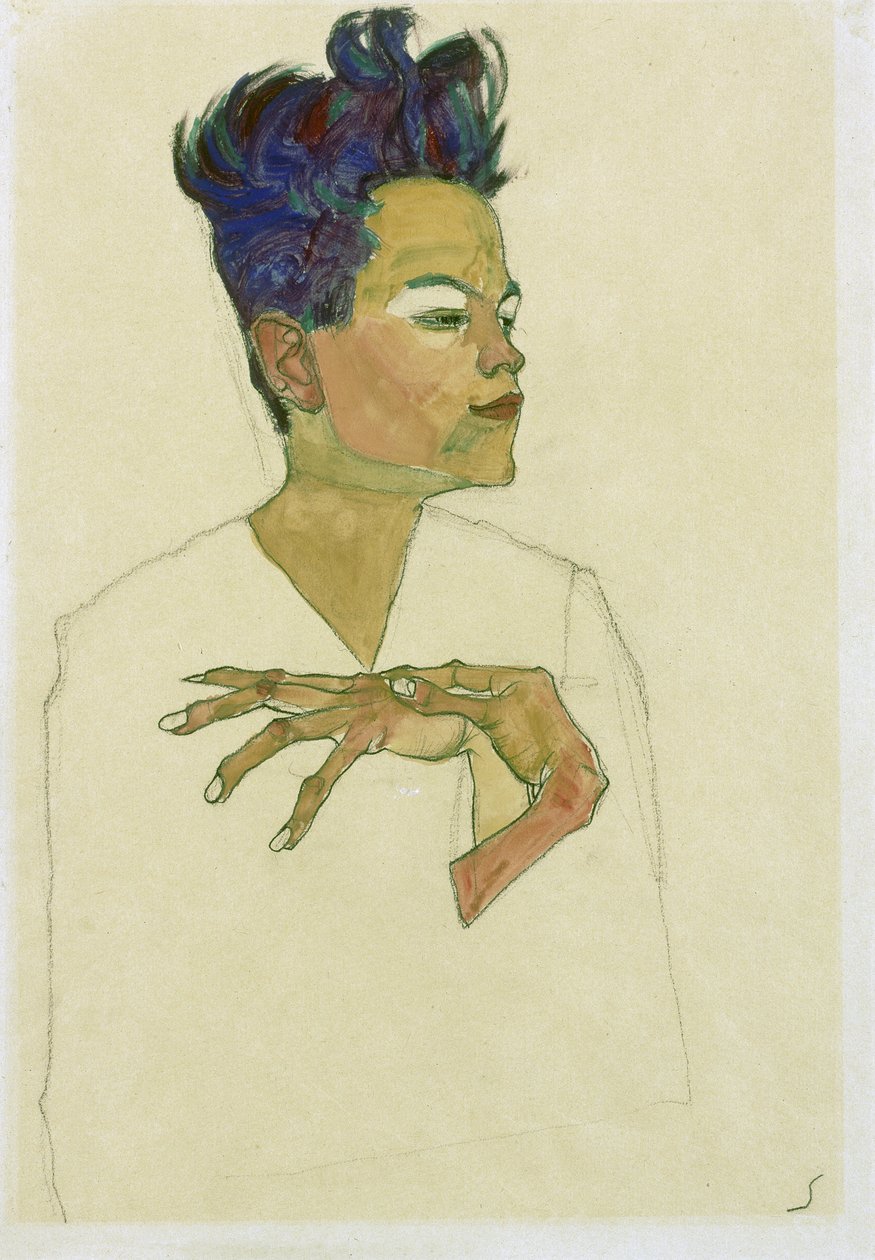 Zelfportret met handen op de borst door Egon Schiele