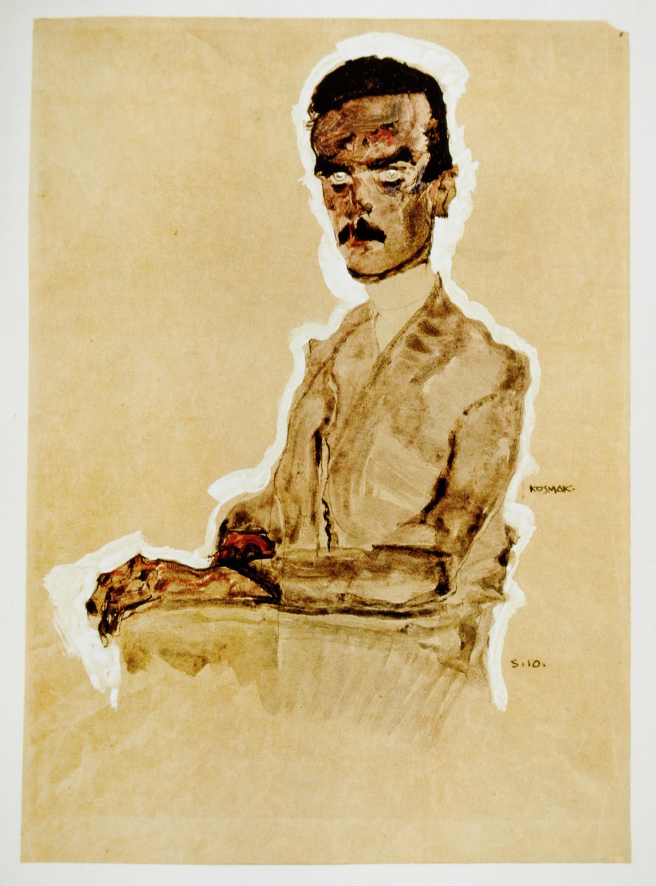 Bildnis Eduard Kosmack, sitzend -Portret van Eduard ... (gouache, aquarel en zwart krijt met wit gehoogd) door Egon Schiele