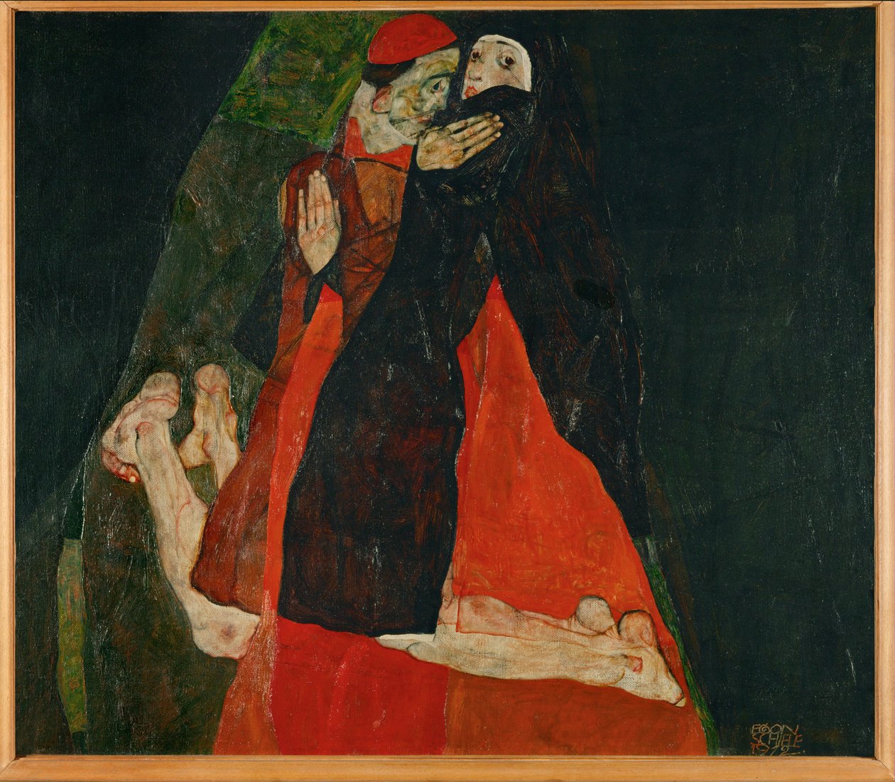 Kardinaal en non, streling (olieverf op doek) door Egon Schiele