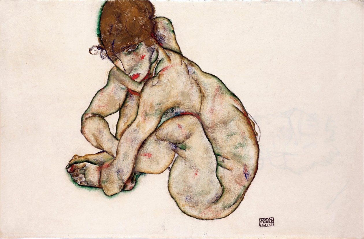 Hurkend naakt meisje door Egon Schiele