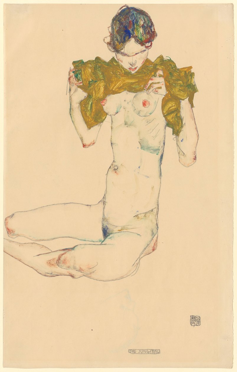 De Maagd [recto]; zonder titel [kopstudie, verso] door Egon Schiele