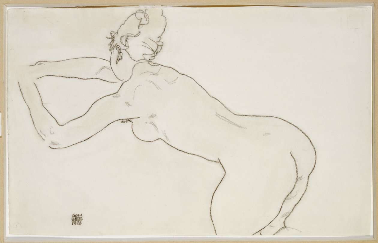 Vrouwelijk naakt knielend en voorover buigend naar links, 1918 door Egon Schiele