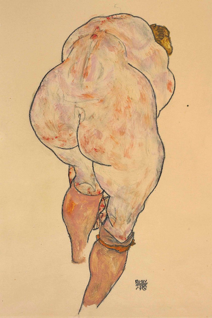 Vrouwelijk Naakt dat Kousen Optrekt, Achteraanzicht, 1918 door Egon Schiele
