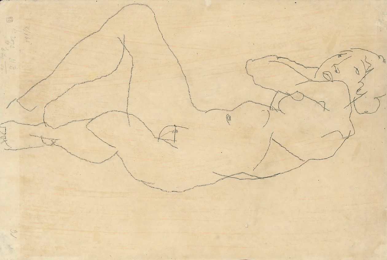 Vrouwelijk naakt met handen achter het hoofd door Egon Schiele