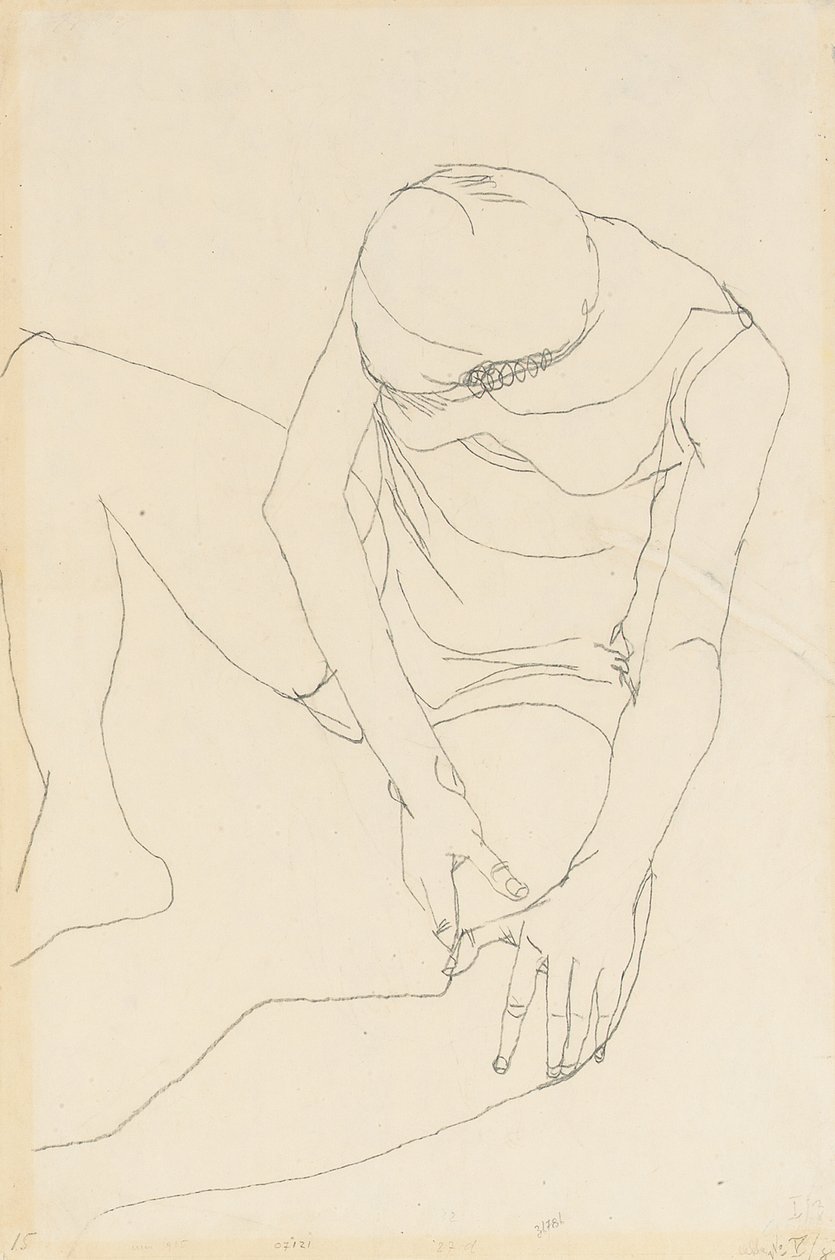 Vrouwelijk Naakt Voorovergebogen, Beide Handen op Linker Dij, 1913 door Egon Schiele