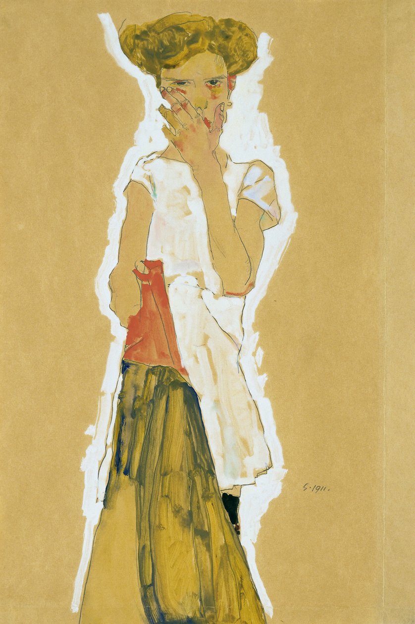 Staand meisje in witte onderjurk door Egon Schiele