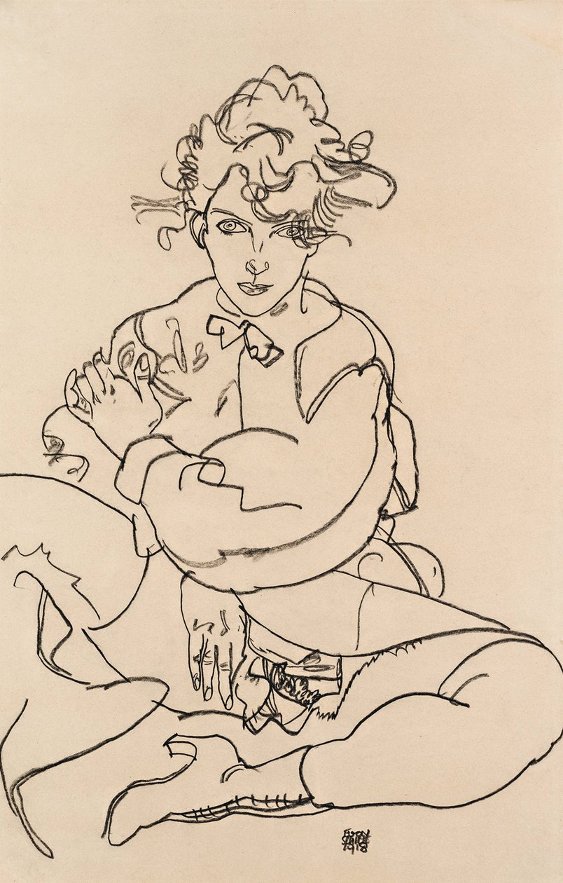 Meisje zittend met gespreide benen, 1918 door Egon Schiele
