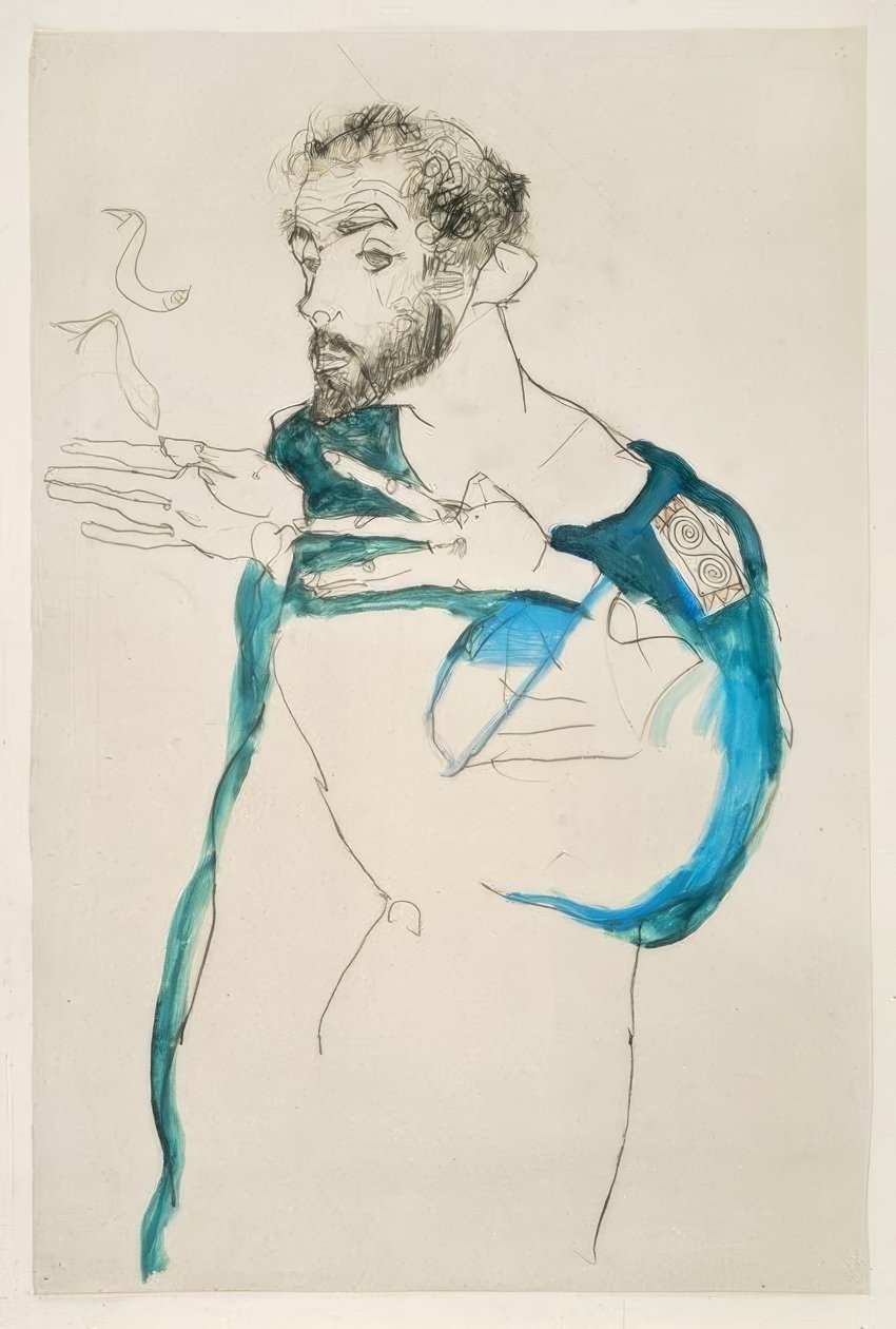 Gustav Klimt in zijn blauwe werkschort door Egon Schiele