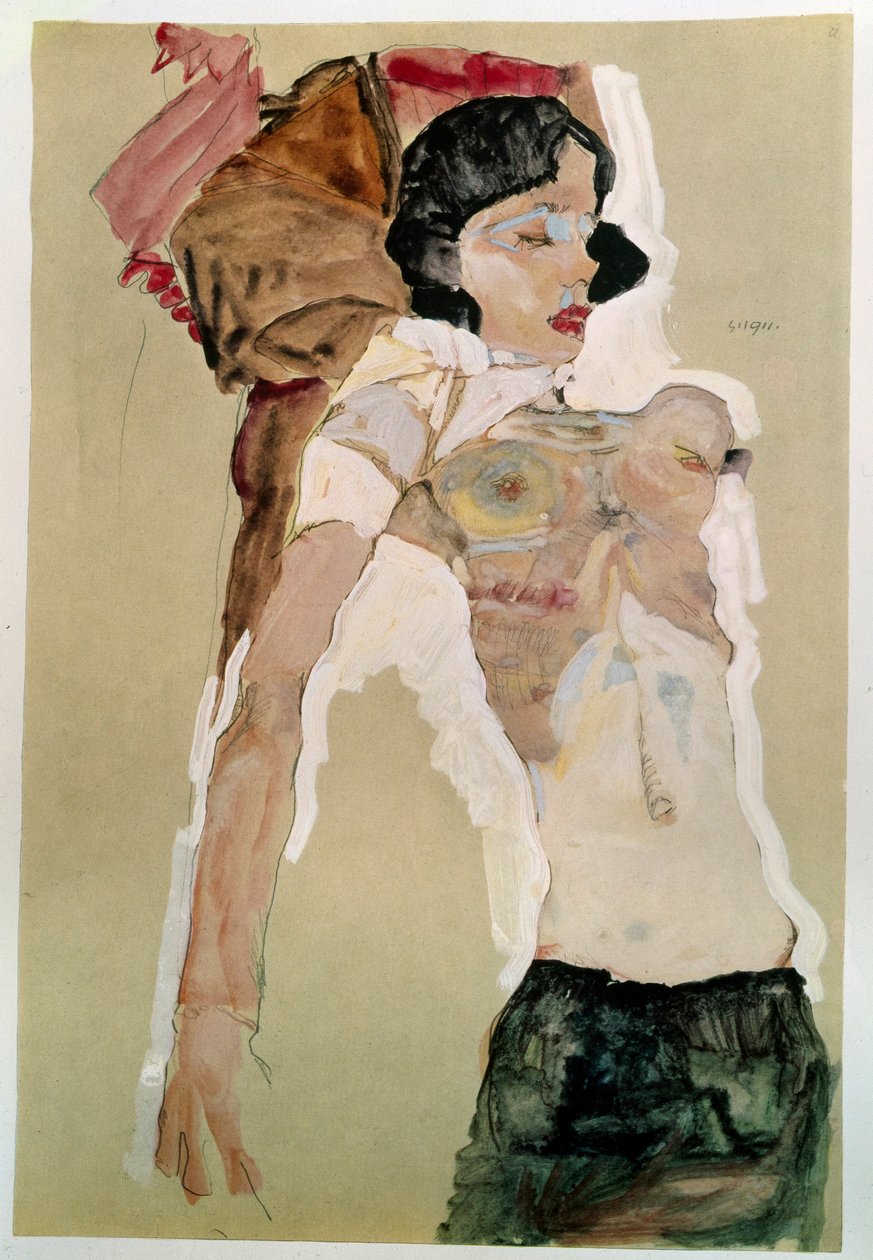 Halfnaakte vrouw. Tekening door Egon Schiele, 1911, Wenen, Graphische Sammlung Albertina door Egon Schiele
