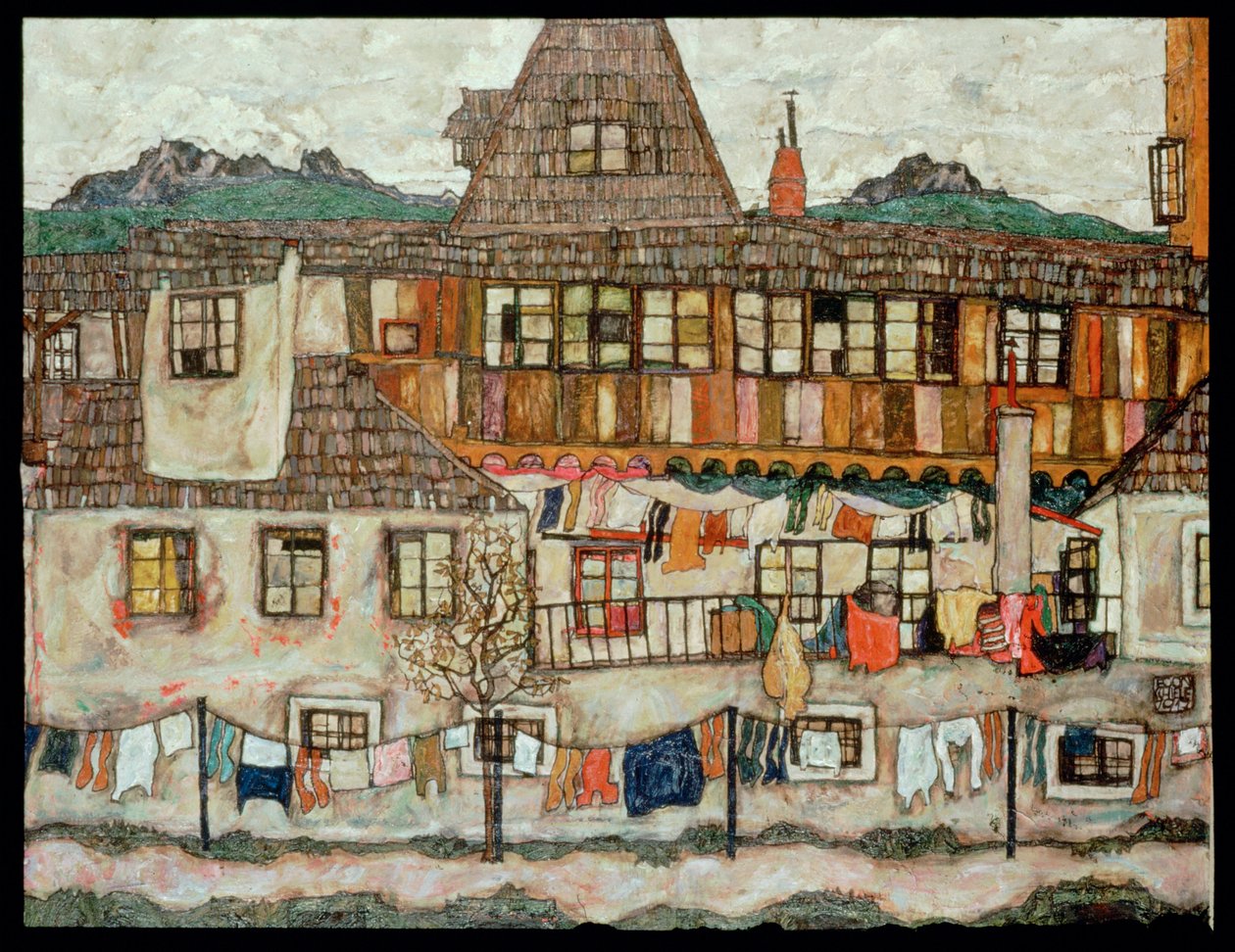 Huis met drogende was (schilderij op doek) door Egon Schiele