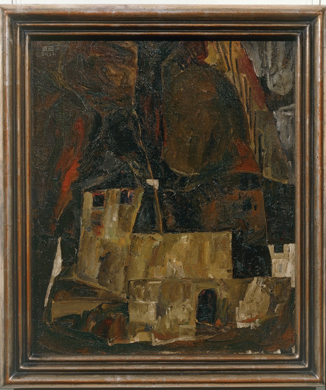 Haus und Mauer vor hügeligem Gelände - Huis en muur voor een heuvelachtig landschap ... door Egon Schiele