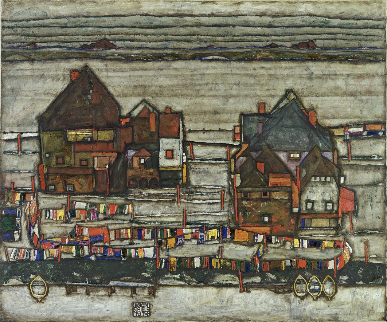 Huizen met waslijnen, 1914 door Egon Schiele