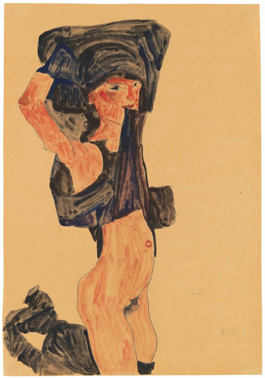 Knielend meisje trekt haar rok over haar hoofd door Egon Schiele