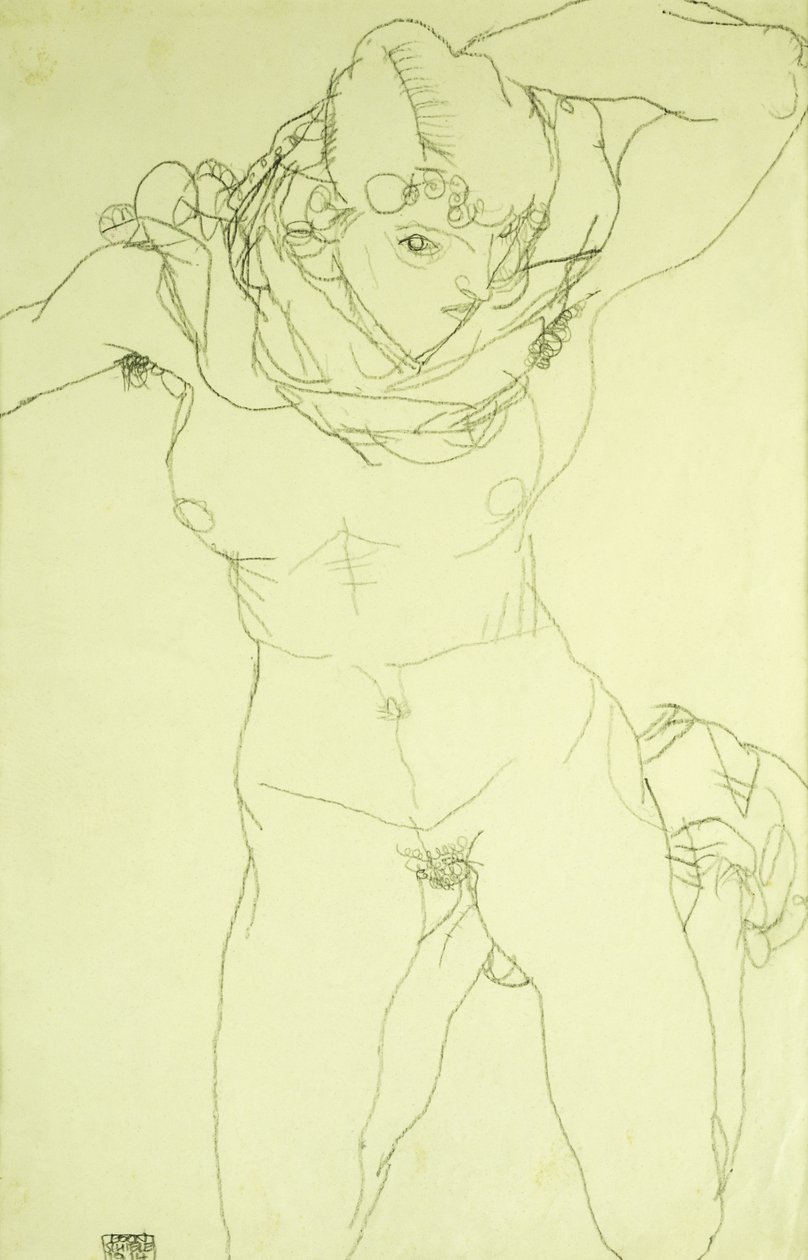 Knielend naakt van voren; Kniender Akt von Vorn, 1914 door Egon Schiele