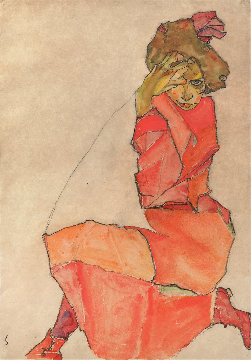Knielende vrouw in een oranjerode jurk door Egon Schiele