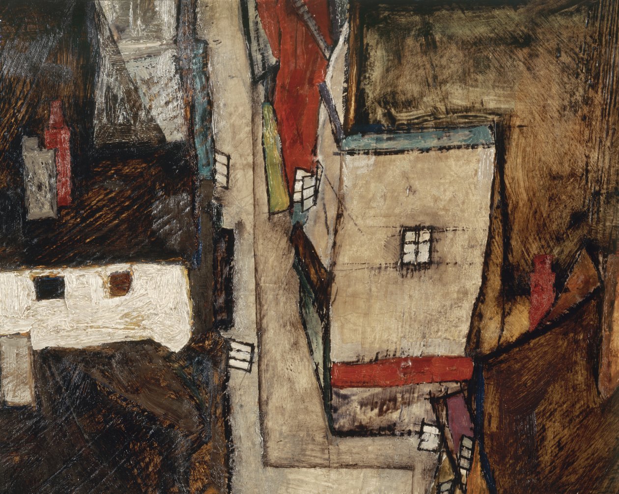 Krumlov en de Vltava - Krumlov aan de rivier de Vltava, ... (olieverf op doek) door Egon Schiele
