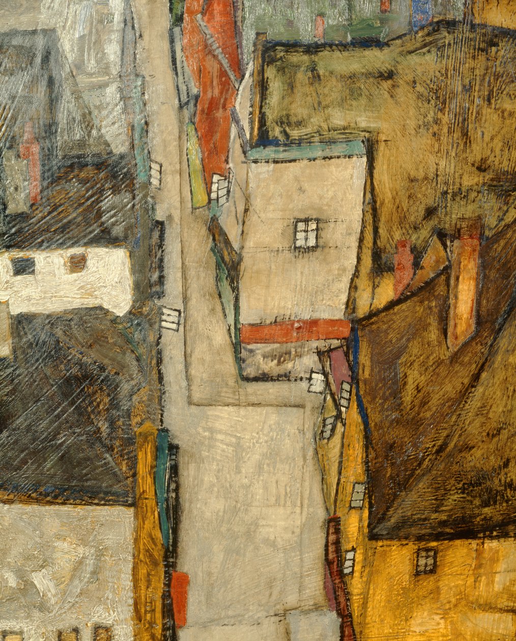 Krumau en der Moldau Krumau aan de rivier Vltava, Tsjechië ... (olieverf op doek) door Egon Schiele
