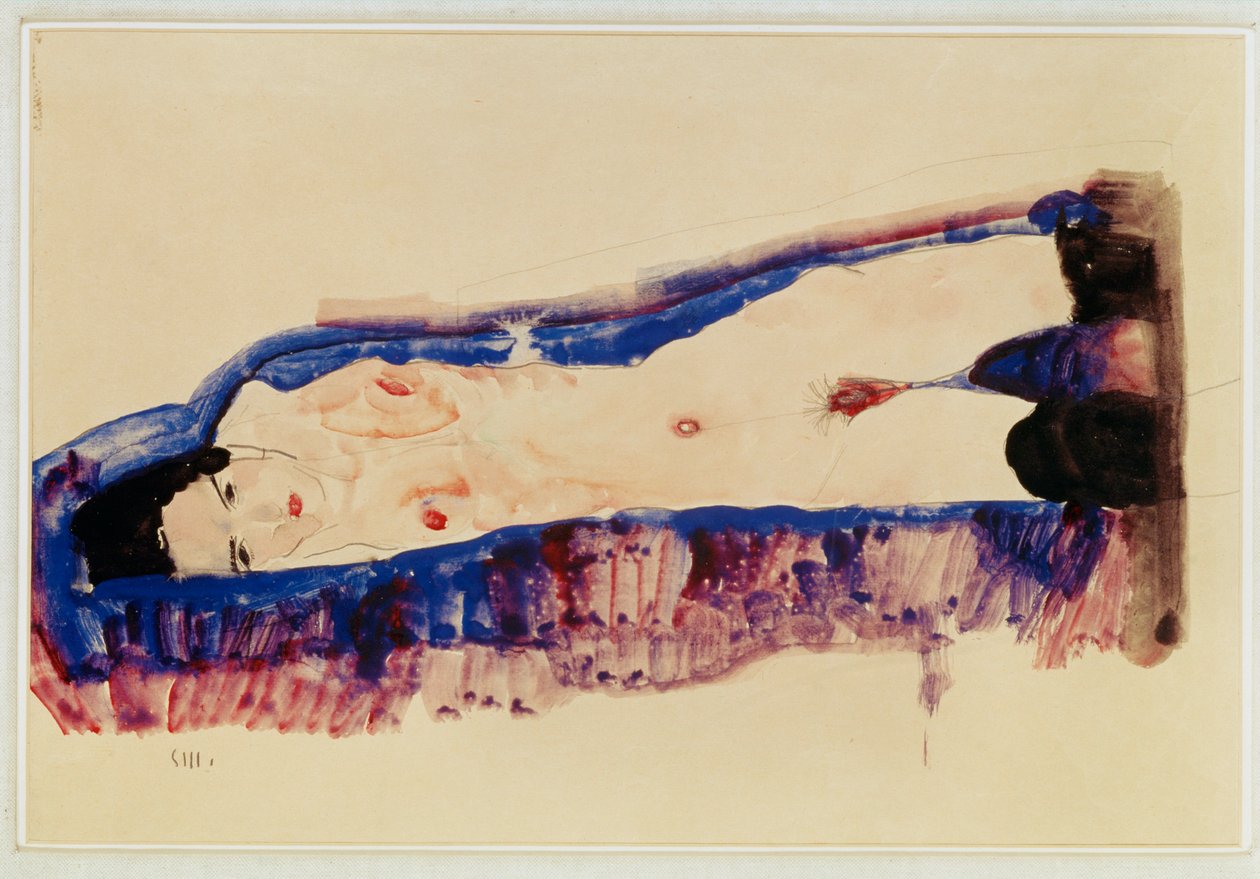 Liggend naakt met zwarte kousen ... (aquarel en potlood) door Egon Schiele