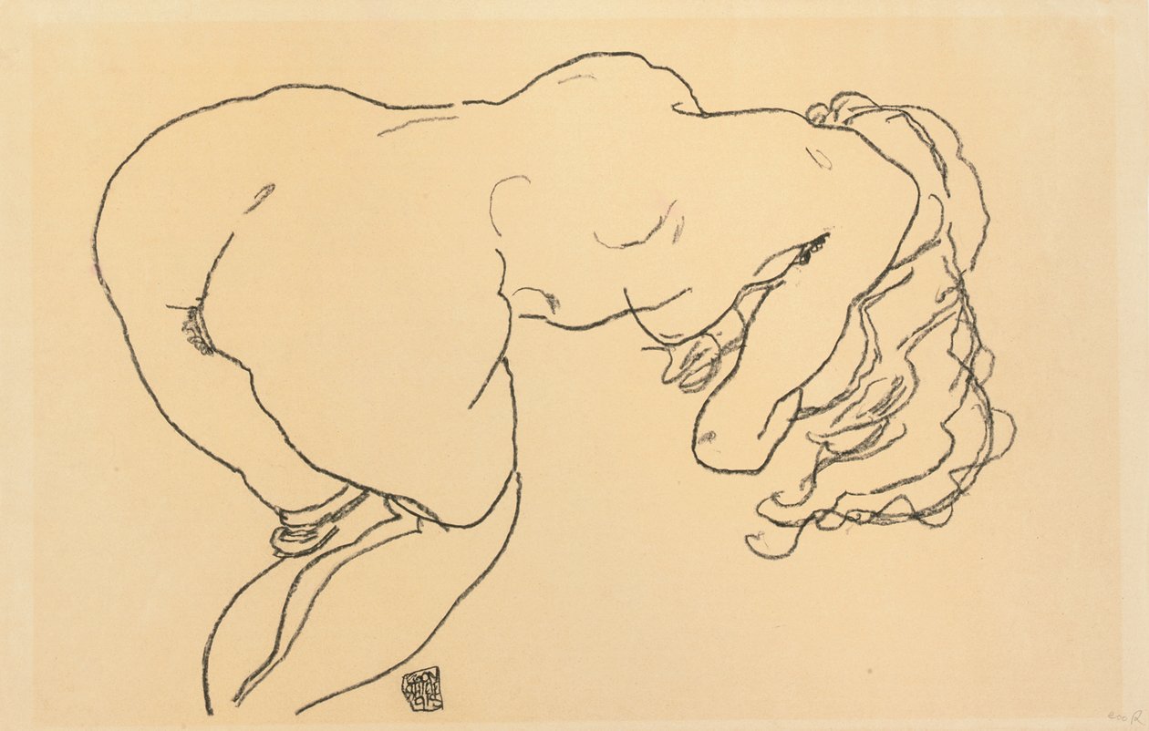 Langharig naakt, voorovergebogen, rugaanzicht; Langhaariger Akt, vornubergebeugt, Ruckenansicht, 1918 door Egon Schiele