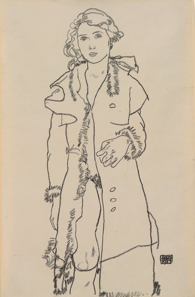 Naakt met bontjas; Madchenakt mit pelzbesetztem Mantel, 1917 door Egon Schiele