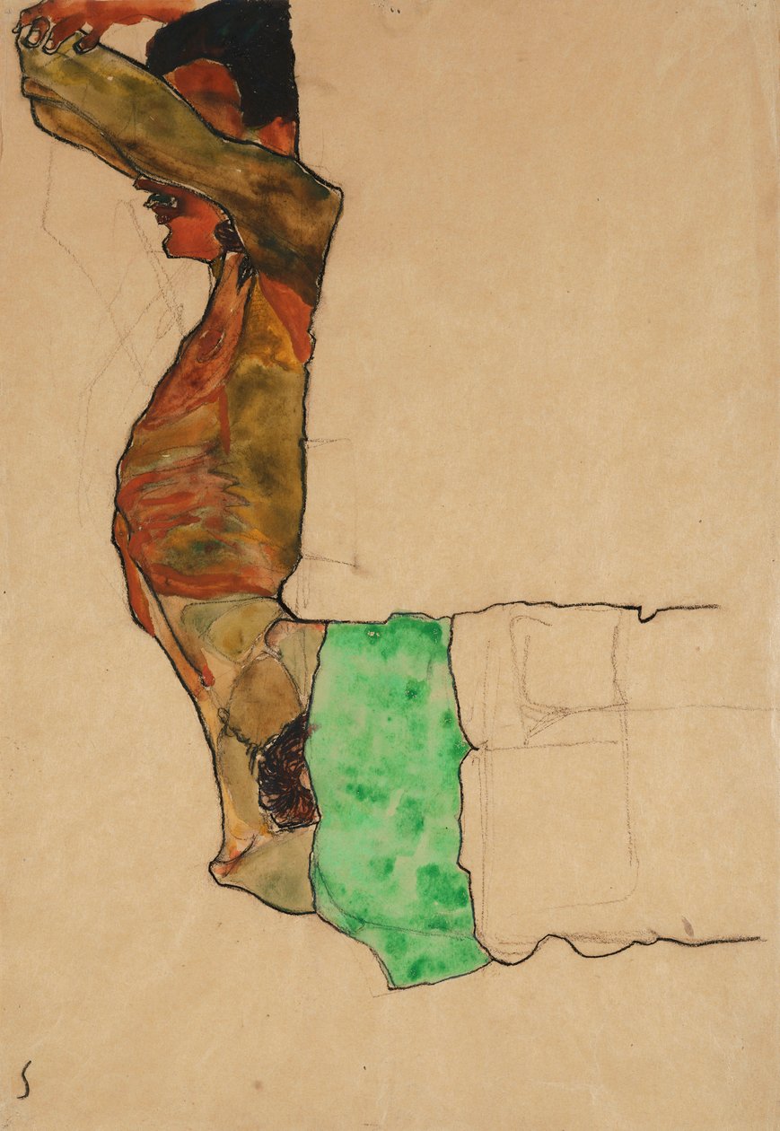 Liggende mannelijke naakt met groene doek door Egon Schiele