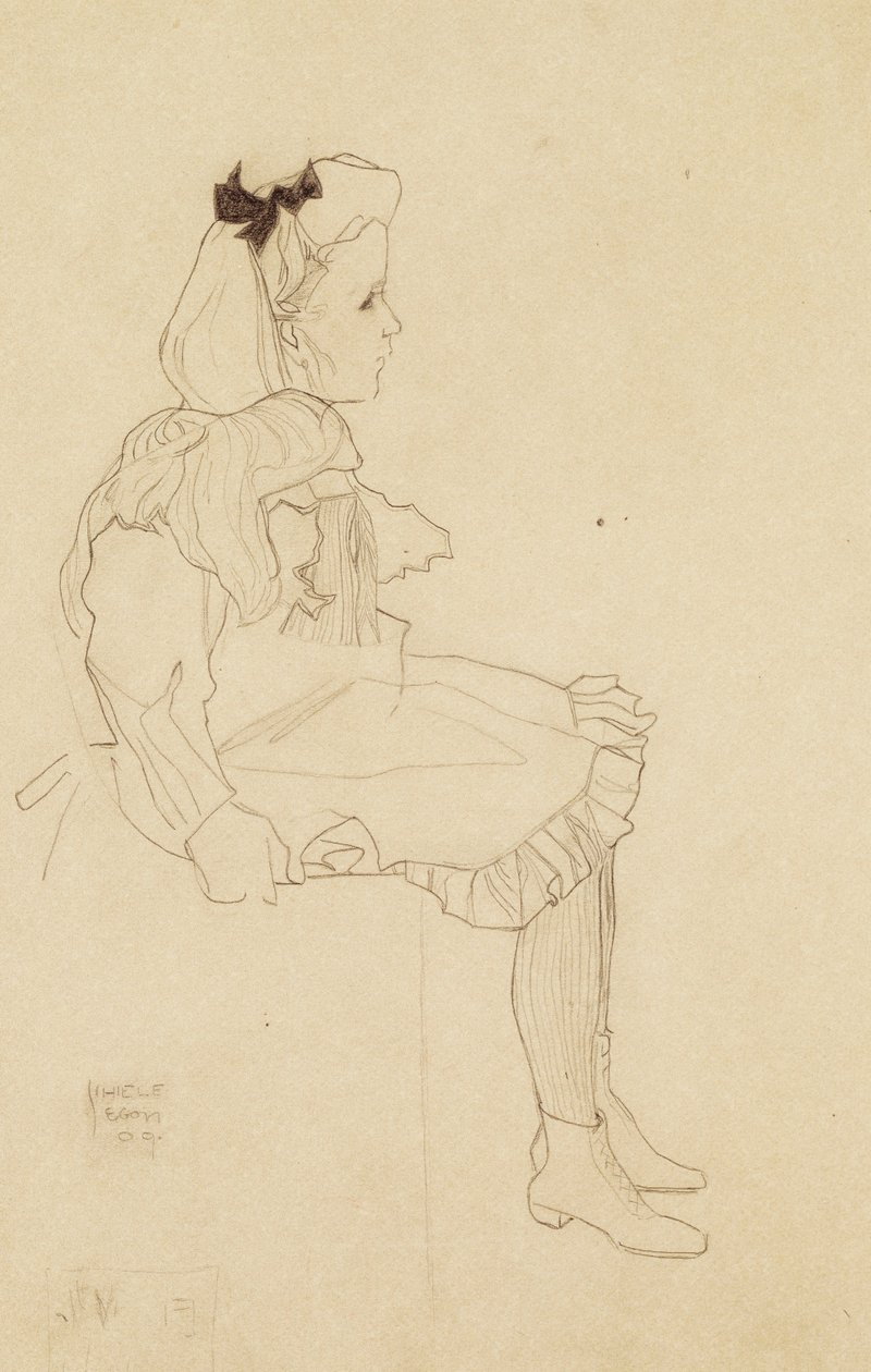 Zittend meisje met een strik in haar haar, 1909 door Egon Schiele