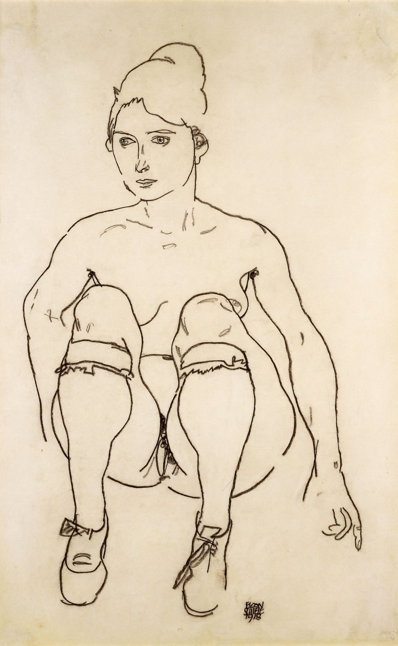 Zittend naakt met schoenen en kousen, 1918 door Egon Schiele