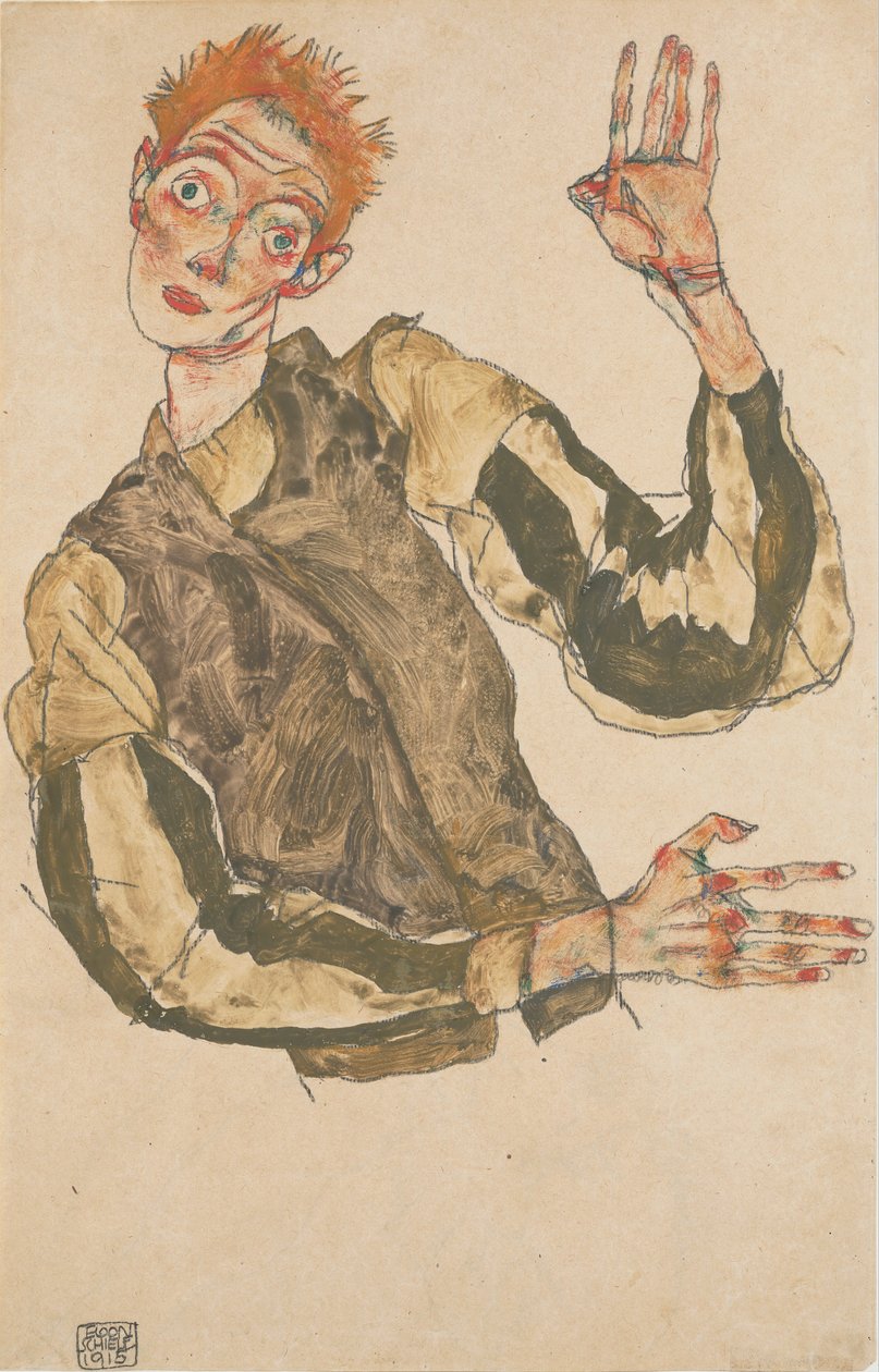 Zelfportret met gestreepte mouwbeschermers door Egon Schiele