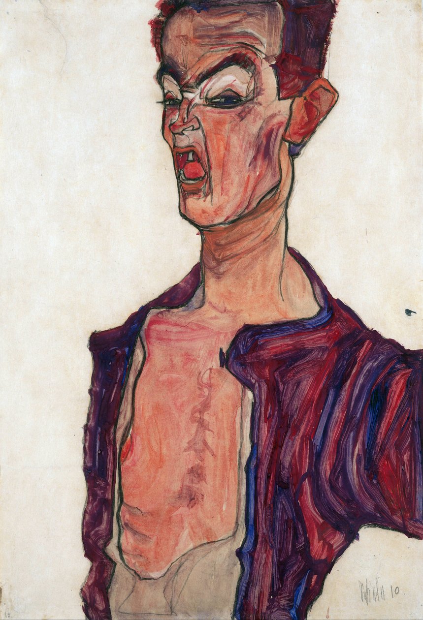 Zelfportret, grimassend door Egon Schiele