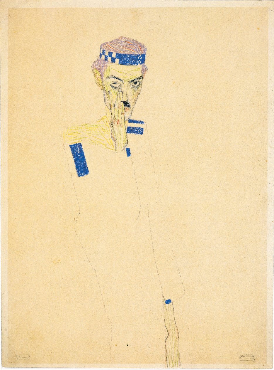 Zelfportret met blauw geruite hoofdband, 1909 door Egon Schiele