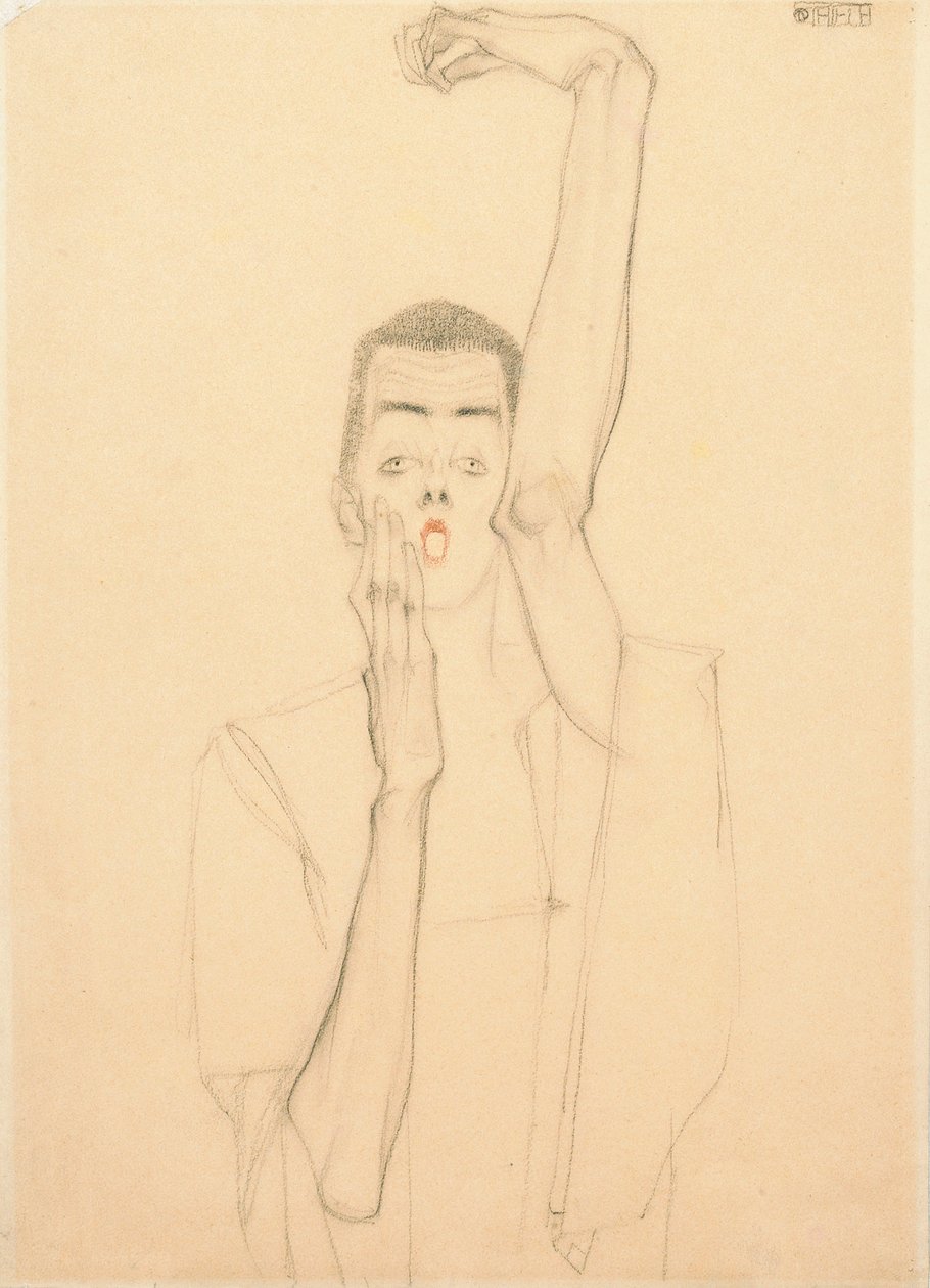 Zelfportret met een opgeheven arm en rode mond door Egon Schiele