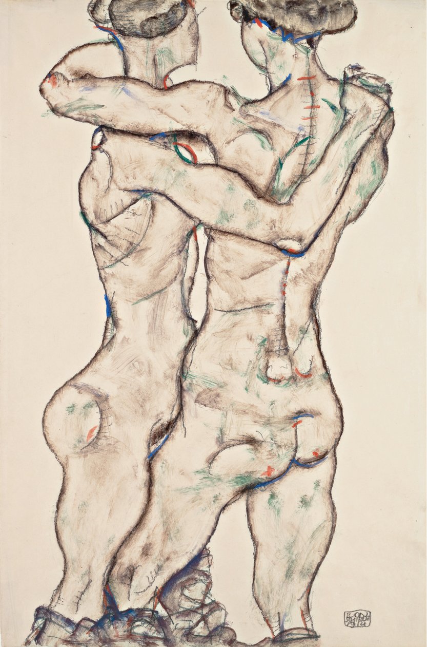 Elkaar omhelzende naakte meisjes door Egon Schiele