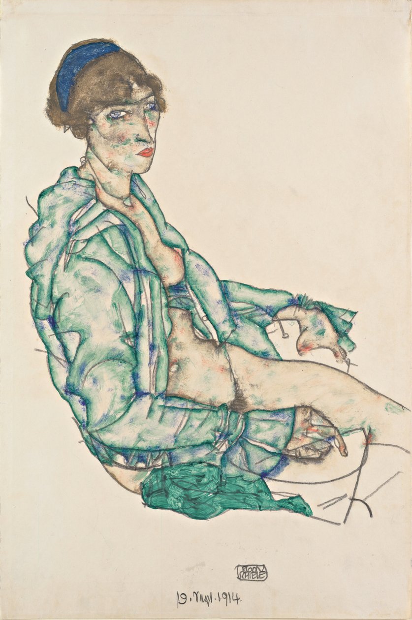Zittend halfnaakt met blauwe haarband door Egon Schiele