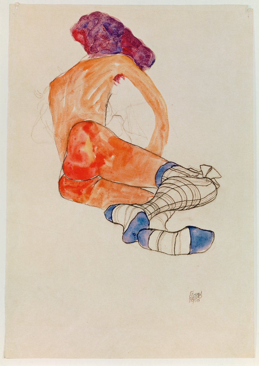 Zittend vrouwelijk naakt met blauwe kousenband, uit ... (gouache, aquarel en houtskool) door Egon Schiele