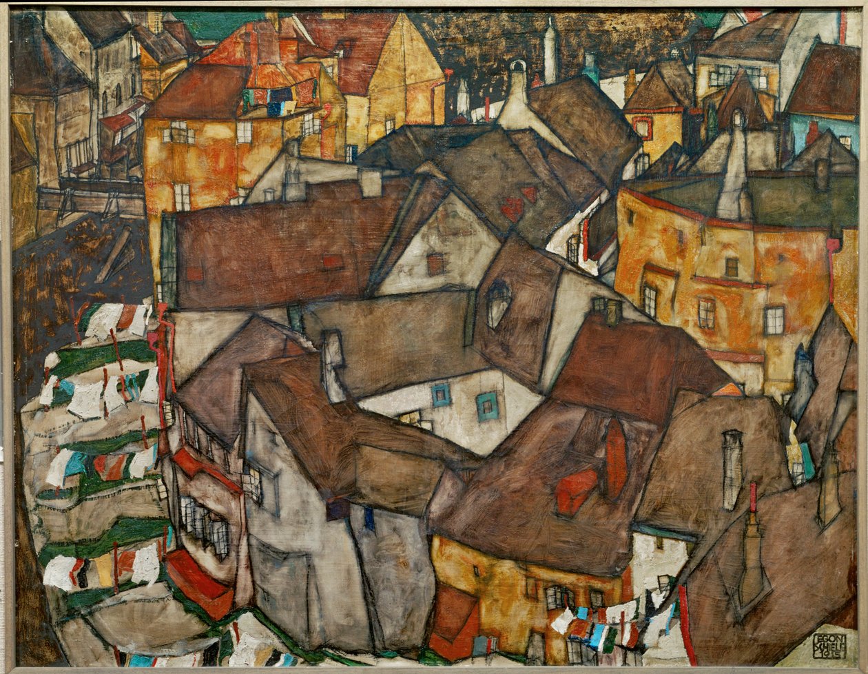 Kleine stad - Krumau in Tsjecho-Slowakije (olieverf op doek) door Egon Schiele