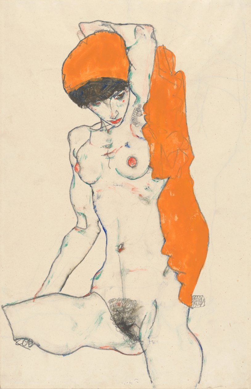Staand naakt met oranje draperie, 1914 door Egon Schiele