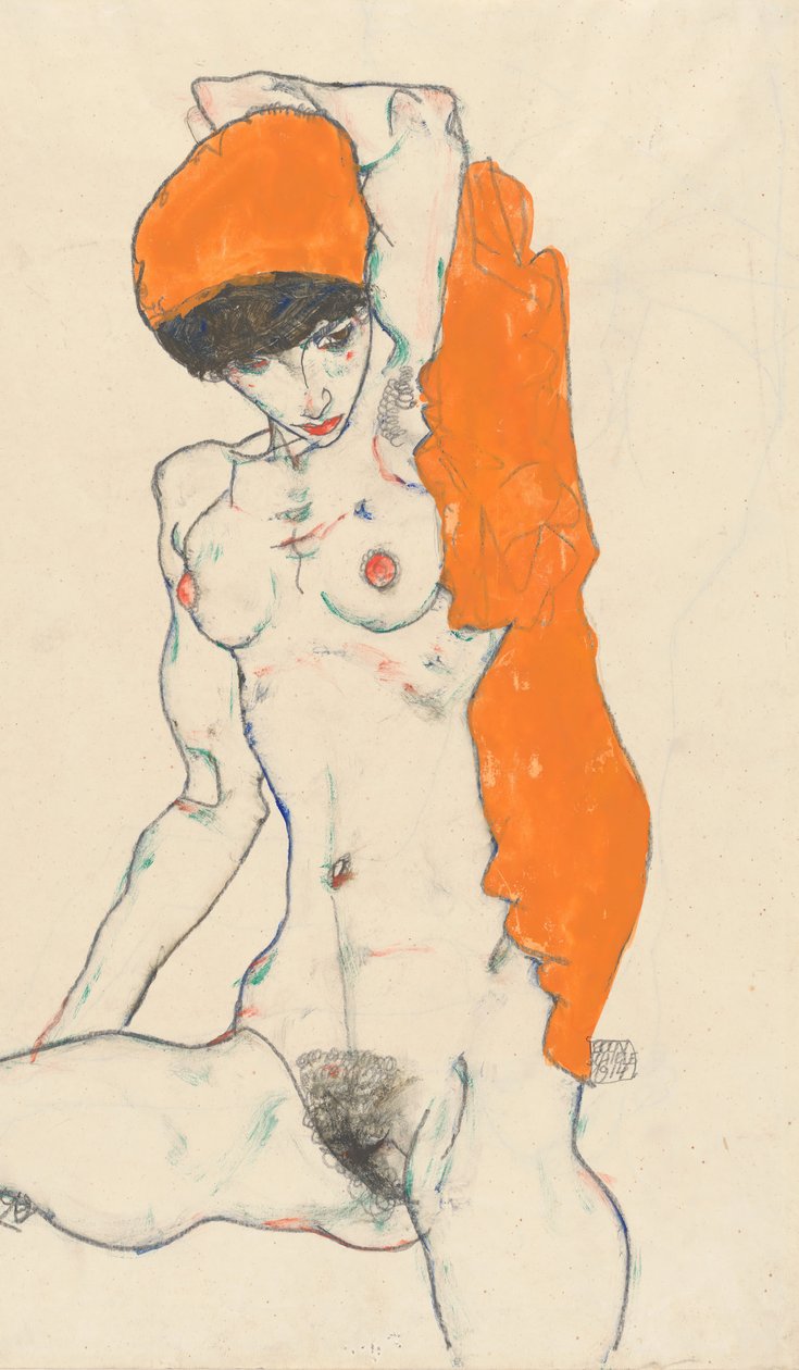 Staande naakt met oranje draperie recto: Studie van naakt met opgeheven armen verso, 1914 door Egon Schiele