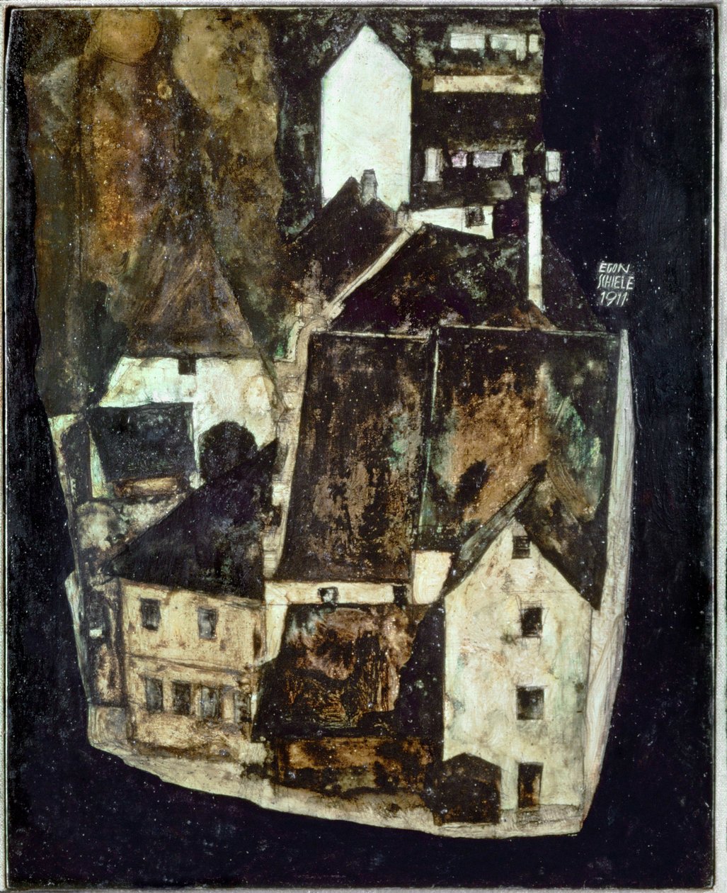 Tote Stadt III (Stadt am blauen Fluss III) [Dode stad Iii (Stad aan de Blauwe Rivier III)], ... (olieverf en gouache op hout) door Egon Schiele