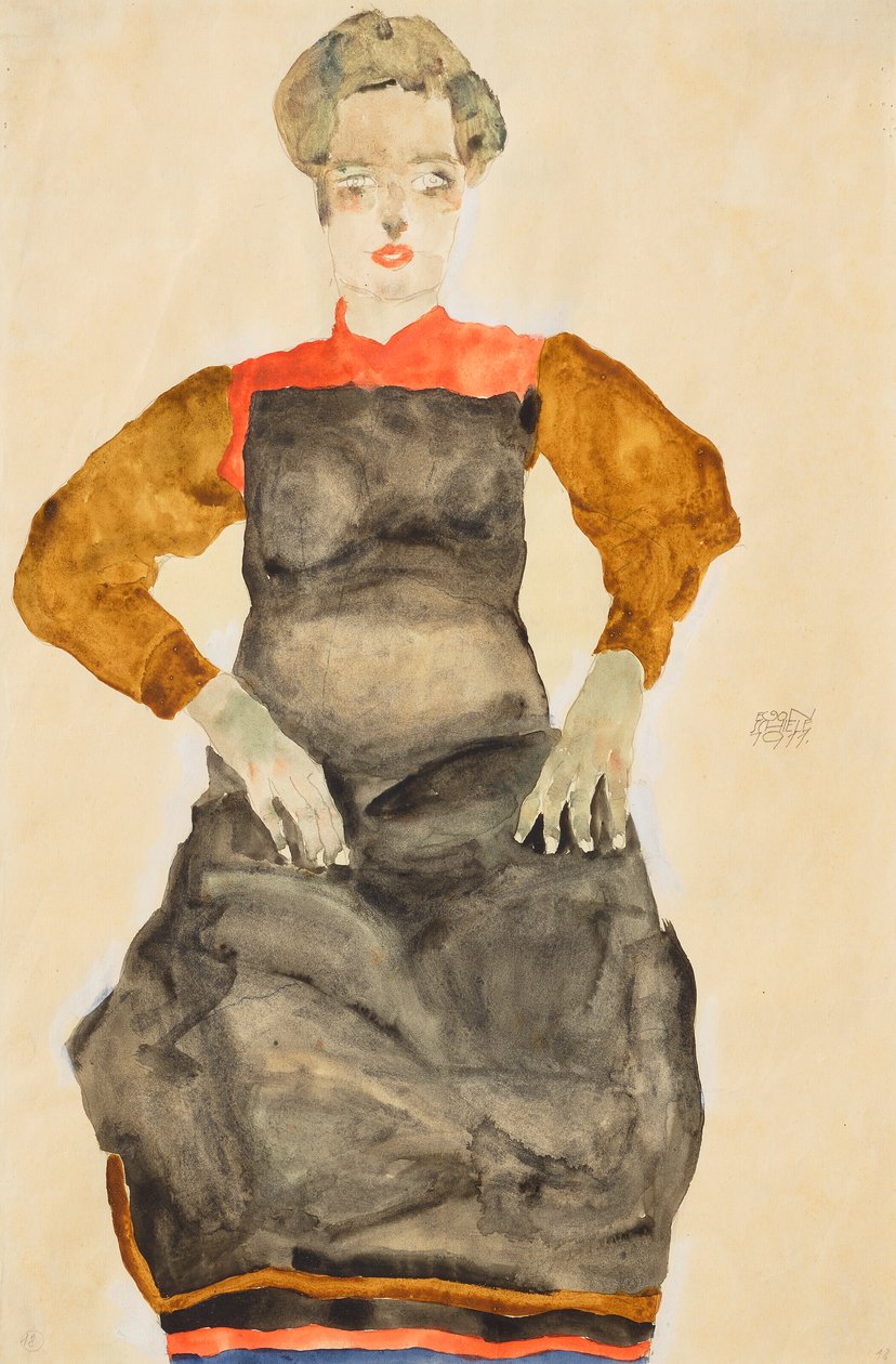 Vrouw in zwart schort door Egon Schiele