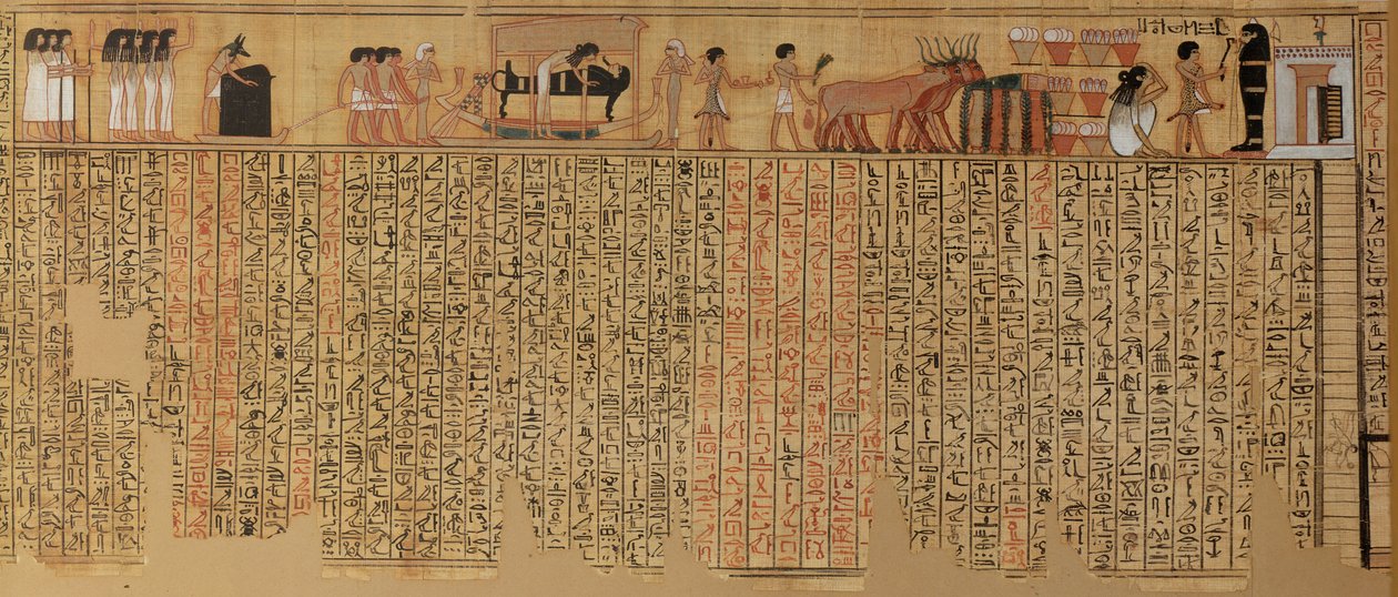 De geest van de overledene daalt af in zijn graf, uit het Dodenboek van de schrijver Neqbed, Nieuwe Koninkrijk door Egyptian 18th Dynasty
