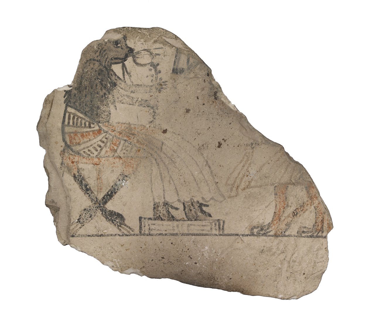 Kalkstenen ostracon met humoristische schetsen in rode en zwarte inkt door Egyptian 19th Dynasty