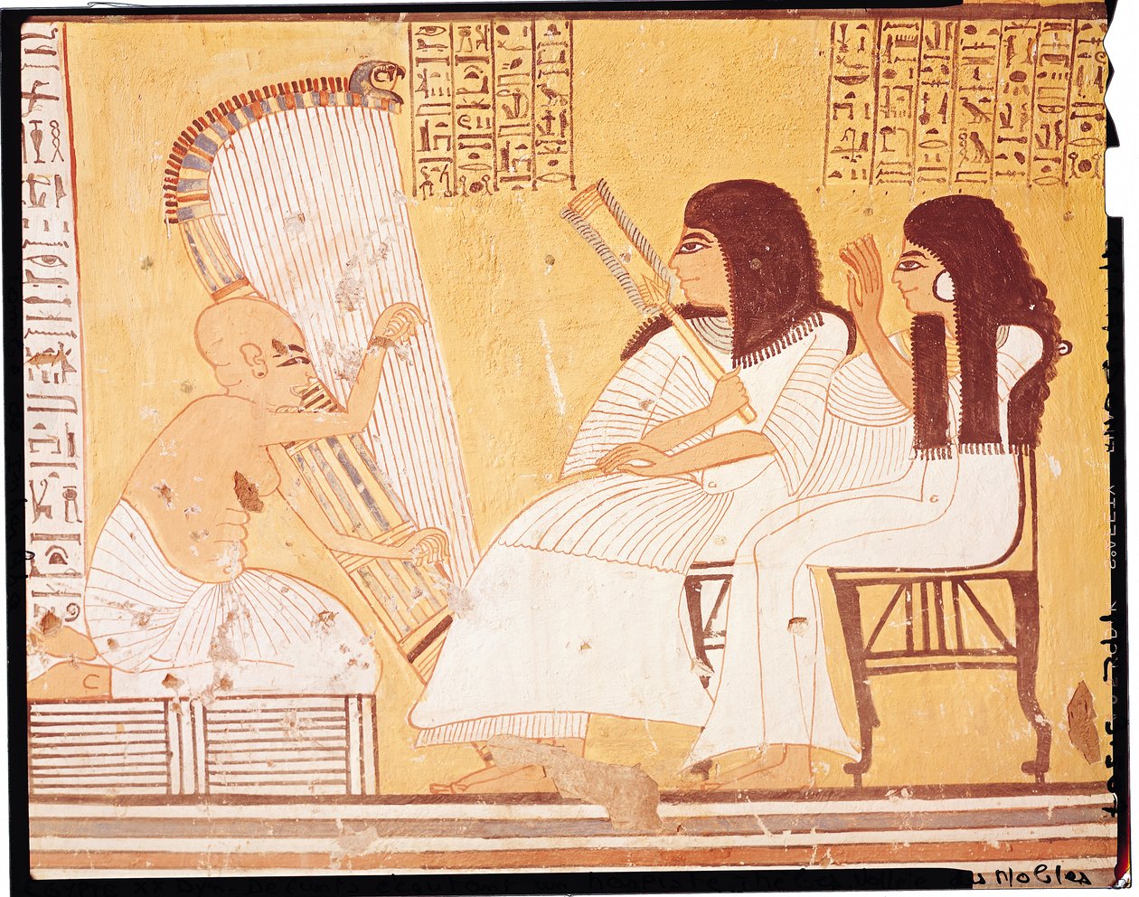 De overledene en zijn vrouw luisteren naar een blinde harpist, uit het Graf van Ankerkhe, Werkersgraven, Nieuwe Rijk (muurschildering) door Egyptian 20th Dynasty