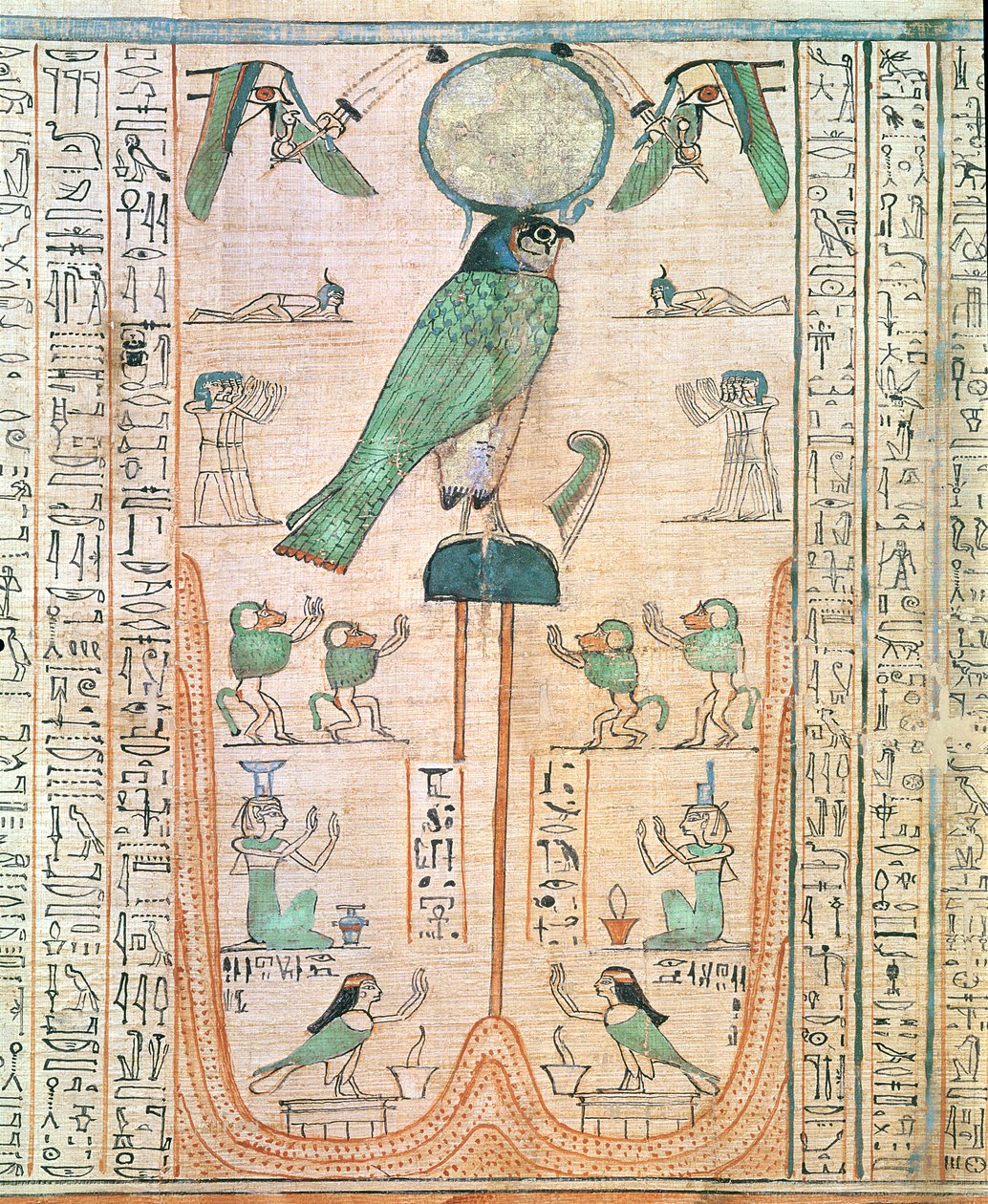 Aanbidding van de opkomende zon in de vorm van de valk Re-Horakhty, Nieuwe Rijk, ca. 1150 v.Chr. door Egyptian 20th Dynasty