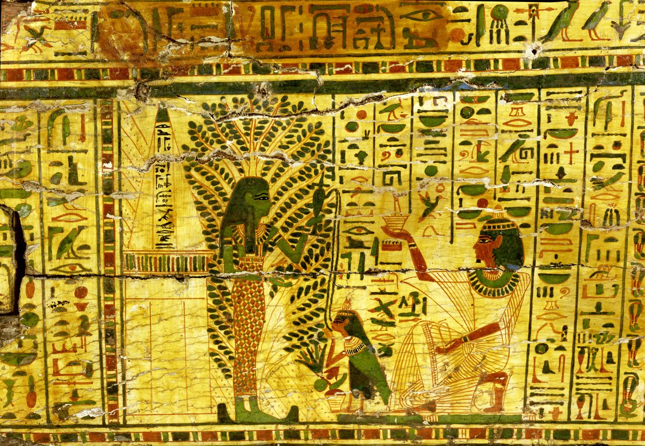 De Sycomore godin Noet giet een vloeistof die wordt gedronken door de vogelachtige ziel van Nespawershefyt, Derde Tussenperiode, 990-969 v.Chr. door Egyptian 21st Dynasty