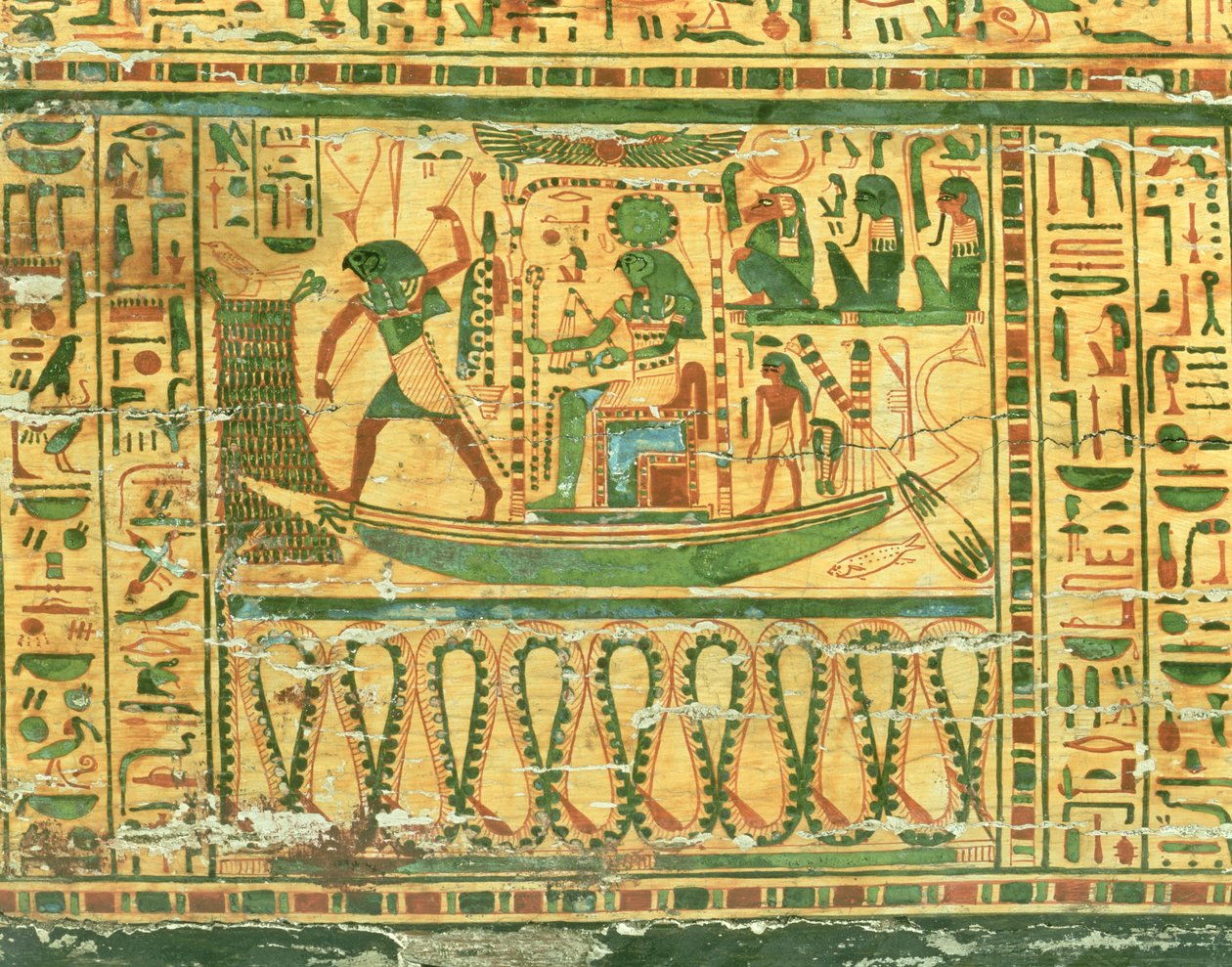 De reis van de zonnegod Re, detail van de binnenste kist van Nespawershefyt, Egyptisch, Derde Tussenperiode, 990-969 v.Chr. door Egyptian 21st Dynasty