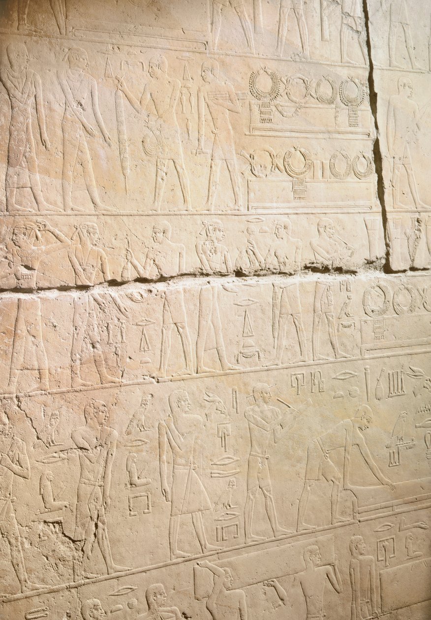 Reliëf uit de Mastaba van Akhethotep met de vervanging van de kettingen, uit Saqqara, Oude Rijk door Egyptian 5th Dynasty